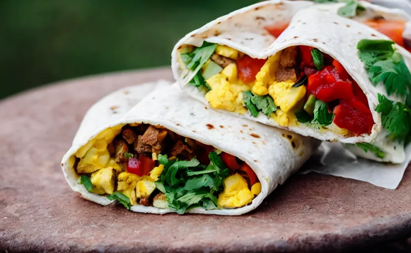 Prompt: a gigantic breakfast burrito, outdoors, food photography