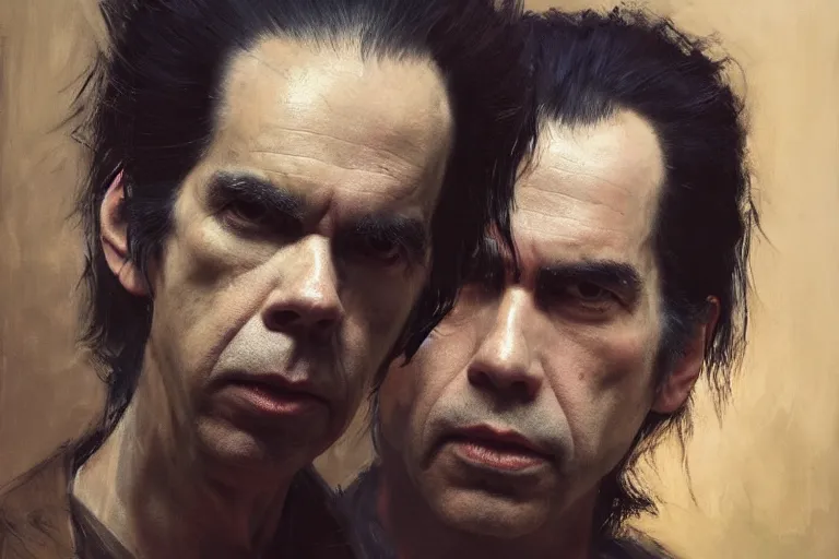 Prompt: a portrait of nick cave, masterpiece, dramatic lighting, painting by ruan jia and jakub rebelka