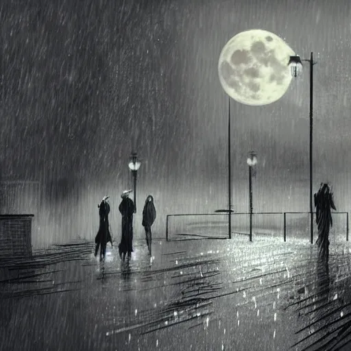 Prompt: a nightcafe in scotland, chairs in the rain, the full moon shining, people dancing, soaked by the rain + misty night, eerie presence, concept art