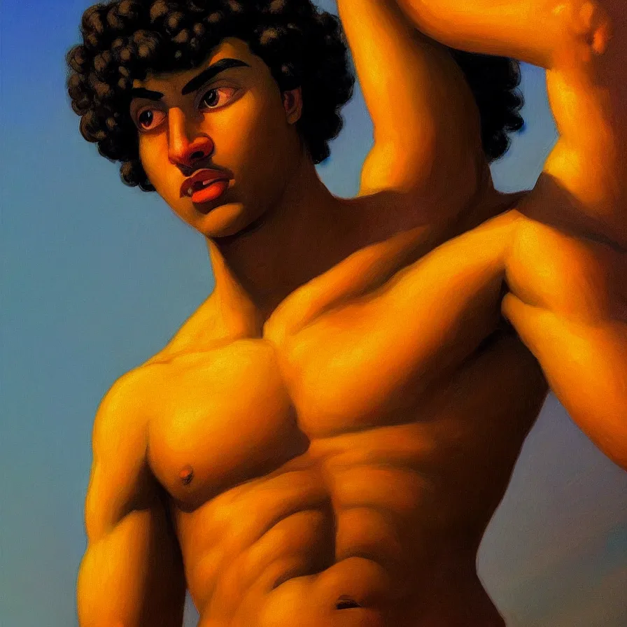 Prompt: a beautiful closeup of a dark - skinned greek god apollo with short curly hair and thin eyebrows, digital art by edward hopper, vibrant color scheme, highly detailed, in the style of romanticism, fine art, great lighting, 8 k resolution, clear eyes, soft lighting, soft details, painting oil on canvas, octane render, hdr, trending on artstation