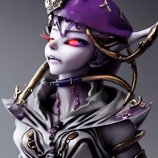 Prompt: by Yoshitaka Amano, by Johanna Martine , by Good Smile Company, detailed resin anime sculpture of a 26yo female jester necromancer wearing a skull hat, close up dslr studio photograph, headshot, portrait, artstation, sci fi futuristic costume, mysterious temple setting, grim lighting