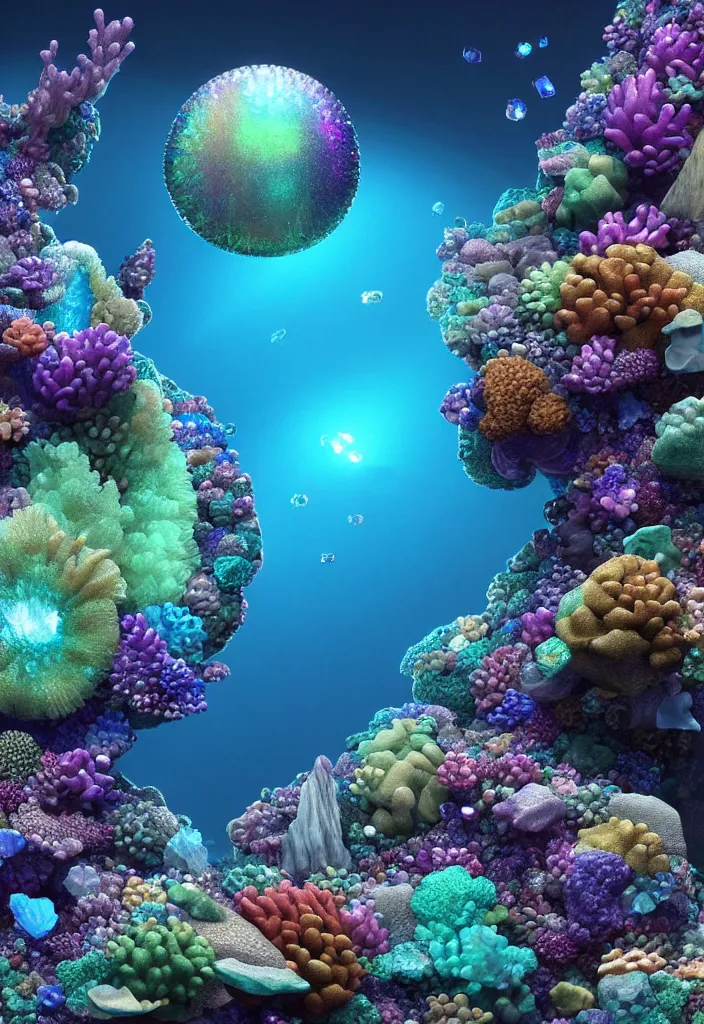 Image similar to A beautiful, hyperrealistic ultradetailed 3d render of an underwater iridescent crystal reef by stephen martiniere and Antonio Manzanedo, 8k, high detail, 3d render, vray, raytracing, unreal engine, volumetric lighting, ultrawide angle, featured on artstation, a diamond, transparent crystals, gems, cubic minerals, cubic crystals, colorful crystals, iridescent