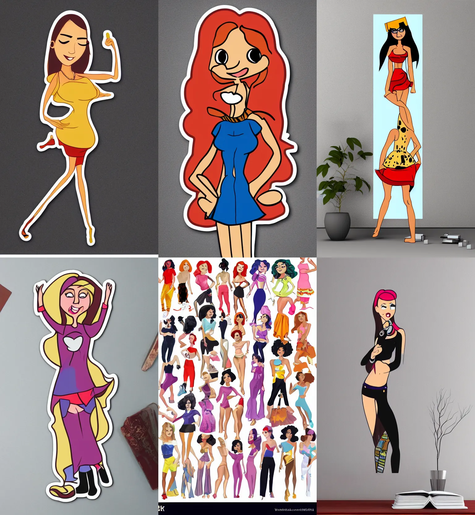 Prompt: sticker of cartoon women, whole body, fashion