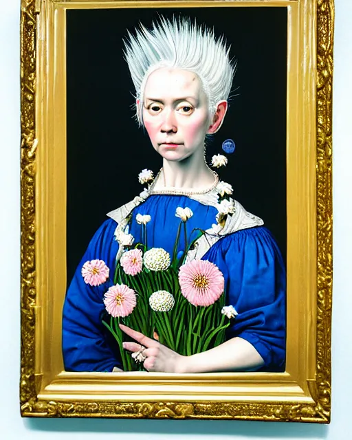 Image similar to portrait of a woman with white hair, wearing a plastic blue dress, standing in a room full of plants and flowers, white background, intricate details, high detail, in the style of rogier van der weyden and jacopo da pontormo, by mark ryden, punk, asian art,