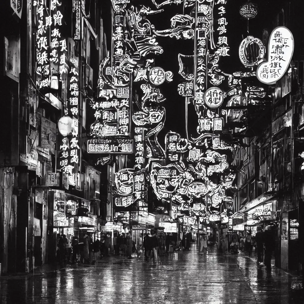 Prompt: a street lined with chinese casinos and nightclubs, bathing in lighting from neon signs, rainy afternoon, 1 9 9 5