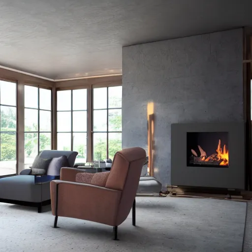 Prompt: two armchairs sitting in front of a cosy fireplace, modern home design interior, octane render, hyperrealistic, concrete archetecture, vray, volumetric lighting, cinema 4 d, unreal engine