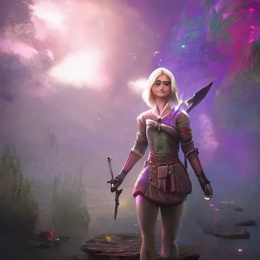 Prompt: Long Shot of ciri in mysterious astral temple jumpin with pistol in river of chromatic SPIRITS , beautiful, dmt, trending on artstation, omnious, soft, hypermaximalistic, high details, cinematic, 8k resolution, artwork by Wong, Liam