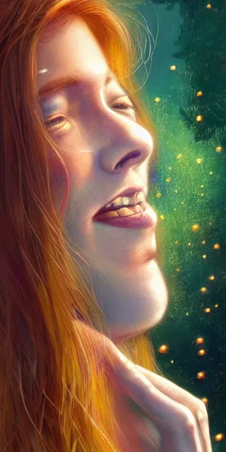 Image similar to infp young woman, smiling amazed, golden fireflies lights, sitting in the midst of nature fully covered, long loose red hair, intricate linework, green eyes, small nose with freckles, oval shape face, realistic, expressive emotions, dramatic lights mystical scene, hyper realistic ultrafine art by michael cheval, jessica rossier, boris vallejo, artgerm