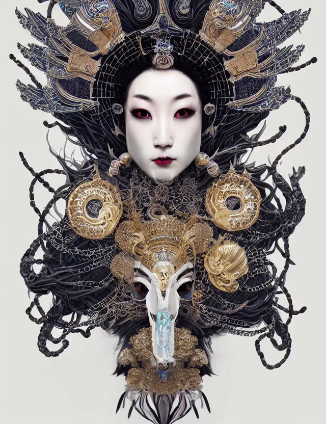 Image similar to goddess portrait with mask and crown made of ram skull. beautiful intricately detailed japanese crow kitsune mask and clasical japanese kimono. betta fish, jellyfish phoenix, bioluminescent, plasma, ice, water, wind, creature, super intricate ornaments artwork by tooth wu and wlop and beeple and greg rutkowski