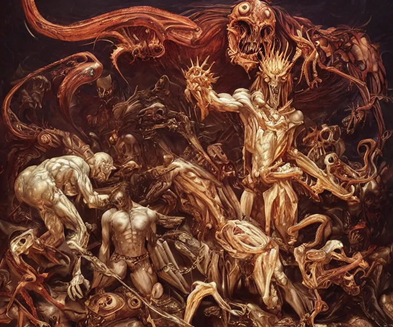 Image similar to elegant renaissance painting of rooster final boss bodybuilder vecna battle, art by alex ross and peter mohrbacher, epic biblical depiction, flesh and bones, fangs, teths and tentacles, corpses and shadows!