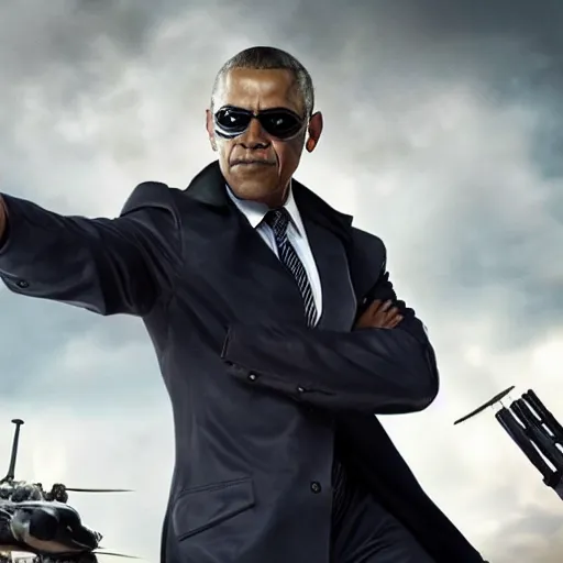 Prompt: Film still of Obama as Nick Fury. Marvel Cinematic Universe. Extremely detailed. Screenshot. 4K. Cinematic lighting.