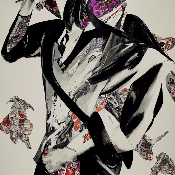 Image similar to yakuza gang member, full body, high fashion, futurism, aerodynamic, flowing, intricate, slick, highly detailed, digital painting, vogue, concept art, smooth, sharp focus, hd, art by syd mead and kandinsky and annie leibovitz