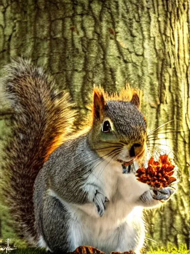 Prompt: the squirrel king, extremely plump, wearing crown of acorns and dandelions, servant squirrels, king arthur's court, low angle, palace, fantasy art, cinematic lighting, realistic, sony 2 4 mm f 4. 0