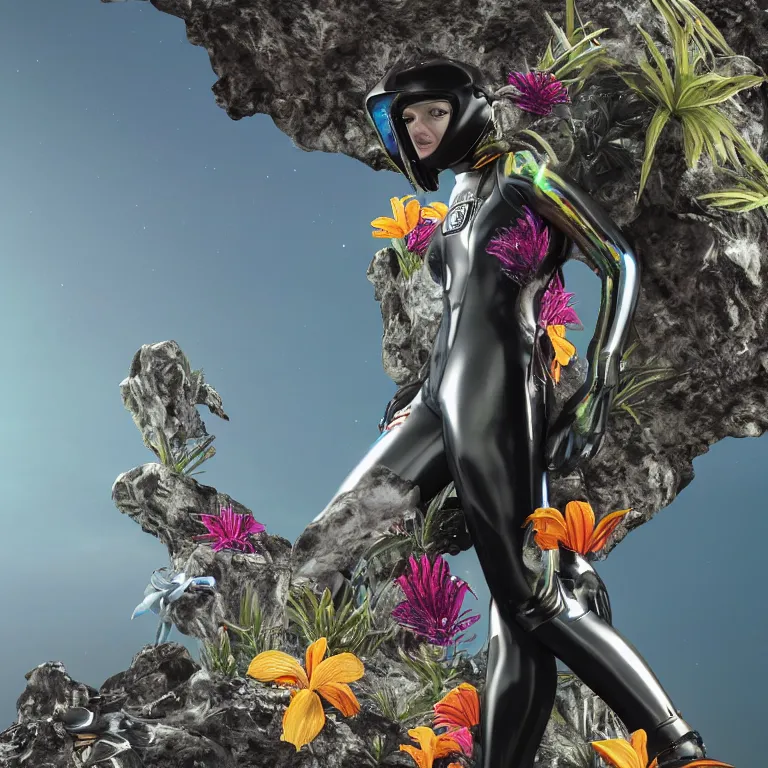 Image similar to octane render portrait by wayne barlow and carlo crivelli and glenn fabry, focus on a woman in a skintight shiny black spacesuit with intricate iridescent metal detailing, covered in bright colorful tropical alien flora in front of a giant photorealistic rocky cliff, cinema 4 d, ray traced lighting, very short depth of field, bokeh