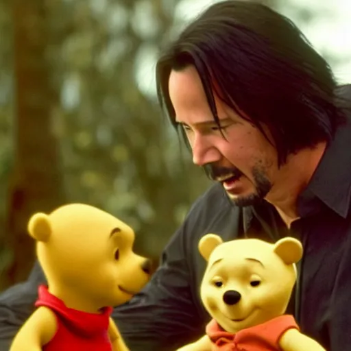 Image similar to A still of Keanu Reeves as Winnie the Pooh