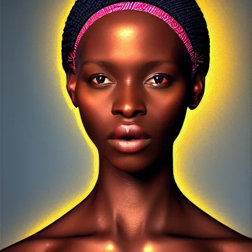 Image similar to UHD African woman, realistic, correct details, cosmic dynamic lighting, symmetrical face, accurate face, in the style of renaissance Michelangelo