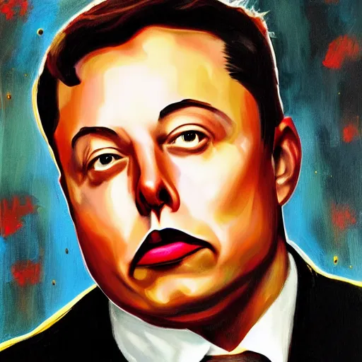 Image similar to oil canvas of elon musk as sad clown