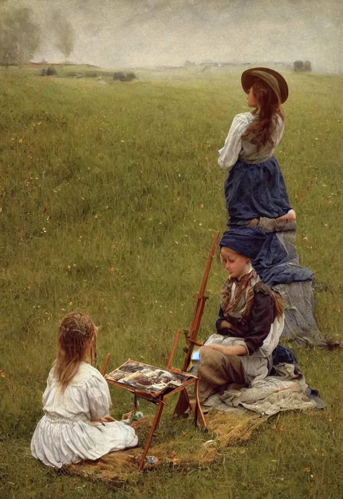 Prompt: peasant girl sitting on a grass in front of a easel and drawing painting on a canvas, Cottage core, Cinematic focus, Polaroid photo, vintage, neutral colors, soft lights, foggy, by Steve Hanks, by Serov Valentin, by Andrei Tarkovsky, 8k render, detailed, oil on canvas
