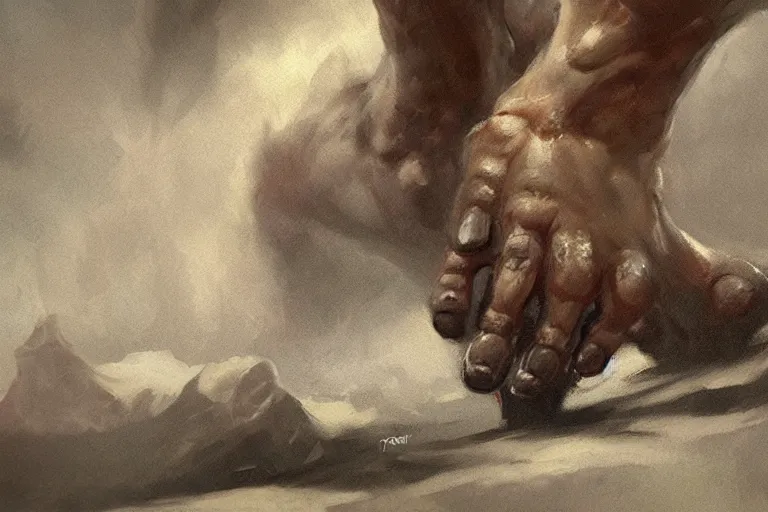 Prompt: close-up of feet of an ogre, dirty nails, concept art in style of Greg Rutkowski, painted by Frank Frazetta, trending on artstation