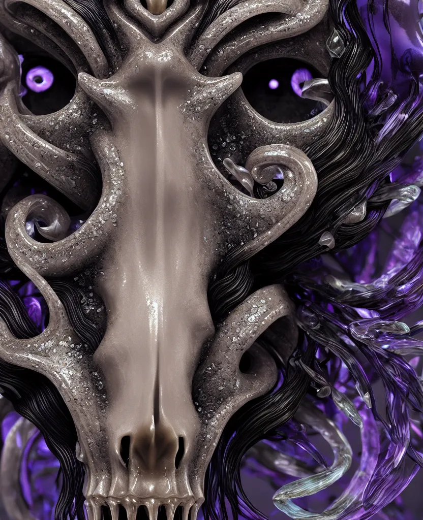 Image similar to goddess princess face close-up portrait ram skull. sculpture made of black and dichroic. jellyfish phoenix head, nautilus, orchid, skull, betta fish, bioluminiscent creatures, intricate artwork by Tooth Wu and wlop and beeple. octane render, trending on artstation, greg rutkowski very coherent symmetrical artwork. cinematic, hyper realism, high detail, octane render, 8k