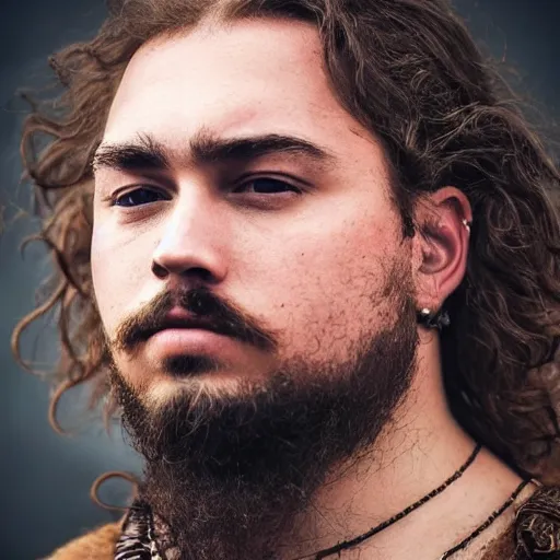 Prompt: hyperrealistic photograph of a brown-haired viking Post Malone, 8k, profile picture, cinematic, high contrast, epic real fantasy, stoic facial expression, looking at the camera