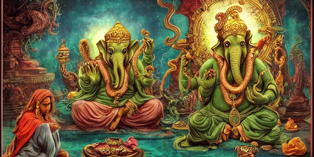 Prompt: cute cthulhu, ganesh and jesus inside the palace of pondering, looking for the answers to life's greatest riddles