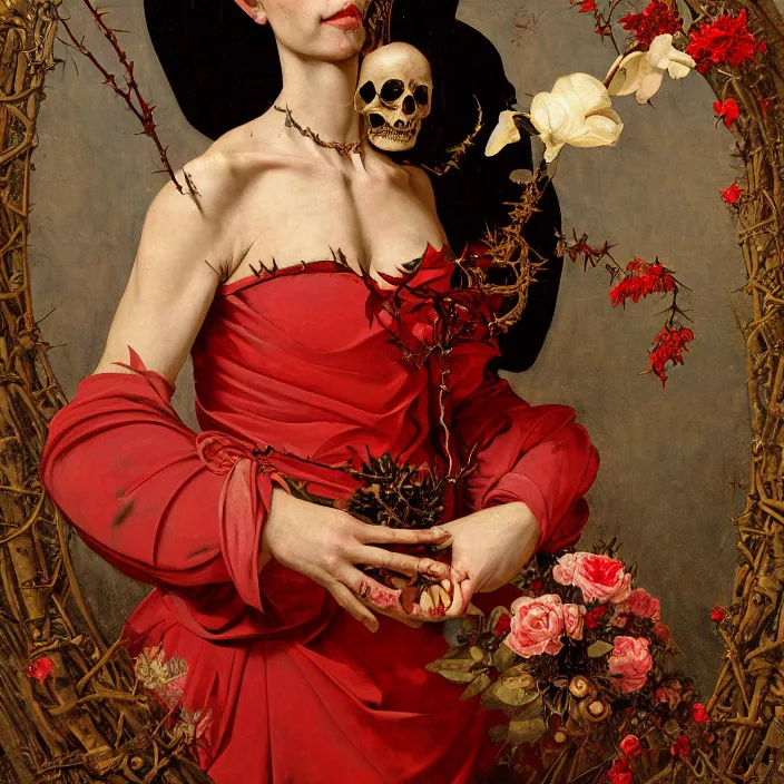 Image similar to portrait of a woman with a golden skull instead of a head, a wreath of thorns, a dress of bones and roses, horns, snakes, smoke, flames, full-length, oil painting in a renaissance style , very detailed, red background, painted by Caravaggio, Greg rutkowski, Sachin Teng, Thomas Kindkade, Alphonse Mucha, Norman Rockwell, Tom Bagshaw.