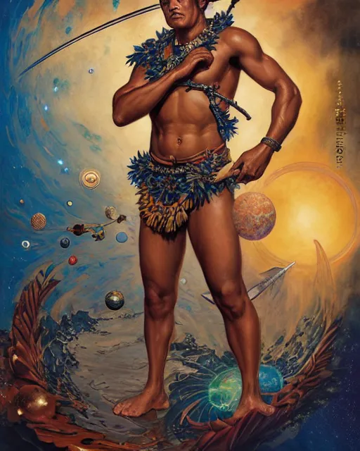 Prompt: duke kahanamoku as a hawaiian warrior surrounded by intergalactic planets connected by streams of magical flow, sigma male, gigachad, visually stunning, luxurious, by james jean, jakub rebelka, tran nguyen, peter mohrbacher, yoann lossel