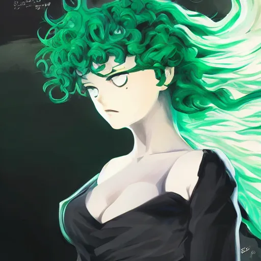 Image similar to painting of tatsumaki from one punch man, green wavy hair, black dress, cool color palette, refreshing, soft lighting, fine details, digital painting, pretty face, light and shadow effects, dynamic pose, by cushart krenz, by makoto shinkai