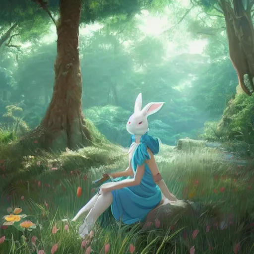 Image similar to concept art painting of a white rabbit wearing a turquoise dress, in the deep forest, realistic, detailed, cel shaded, in the style of makoto shinkai and greg rutkowski and james gurney