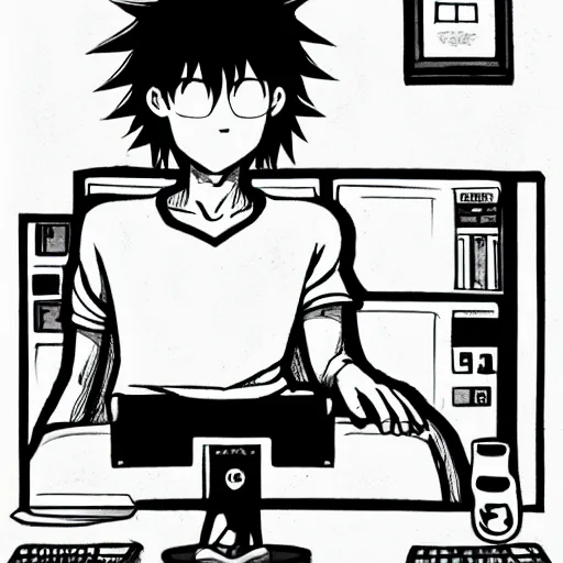 Image similar to portrait of bored saitama sitting in front of a computer by yusuke murata and mcbess