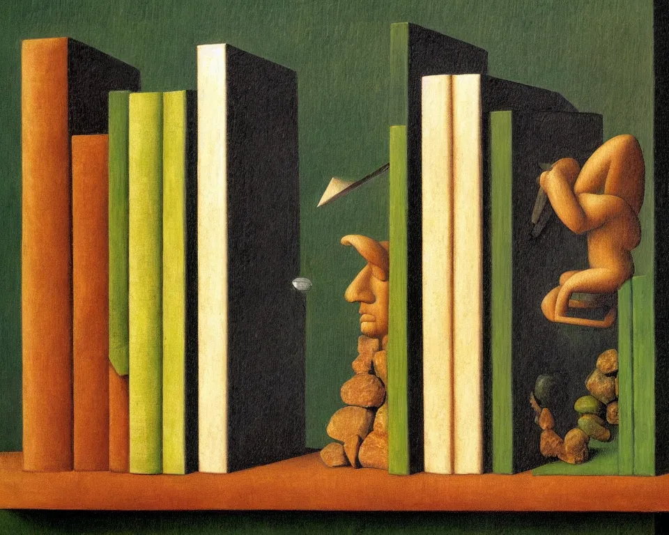 Prompt: one small bookshelf in the rainforest, featuring stone bookends and gavels, by raphael, hopper, and rene magritte. hyperdetailed, proportional, romantic, enchanting, achingly beautiful, graphic print, trending on artstation, jungle, tropical, foliage