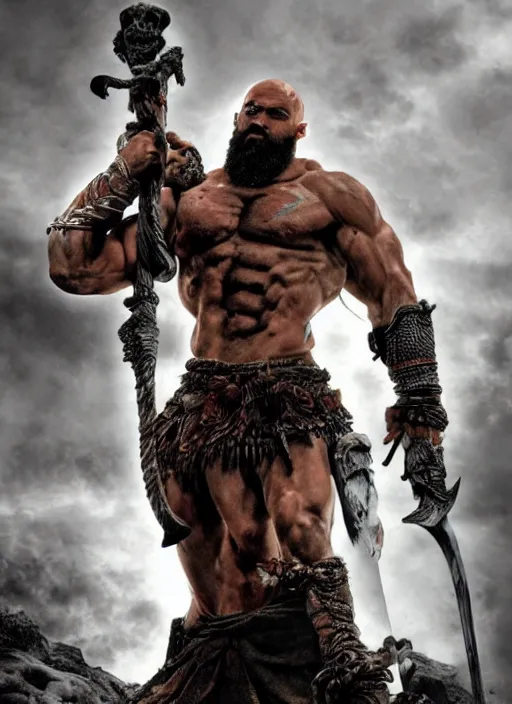 Image similar to a highly detailed beautiful 3 5 mm closeup photo of jason momoa kratos hybrid god of war holding a sword and fighting zombies on a pile of human skulls, spartan warrior, olympian god, muscular!, frank frazetta, boris vallejo, action pose, ambient lighting, volumetric lighting, octane, fantasy