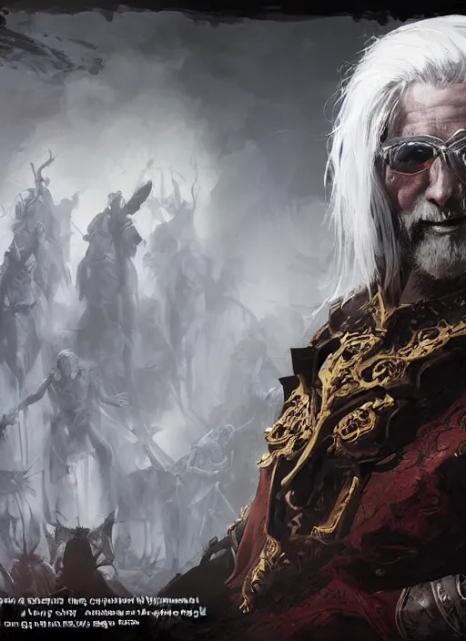 Image similar to An epic fantasy comic book style portrait painting of a supreme necromancer warlord with white hair , with many undead and skeleton warriors around him, painted by dreadjim and craig mullins, greg rutkowski, unreal 5, octane render, cosplay, RPG portrait, dynamic lighting