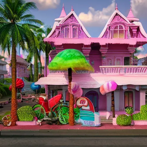 Prompt: Cotton candy house in kerala, fantasy city streets, covered in sugar and candy, marmalade, jelly, coconut trees, happy, very detailed and hyperrealistic, cinematic composition, epic lighting, ice cream, sugar, volumetric lighting, levels,trending in Artstation, by frank frazetta, unreal engine, megascans