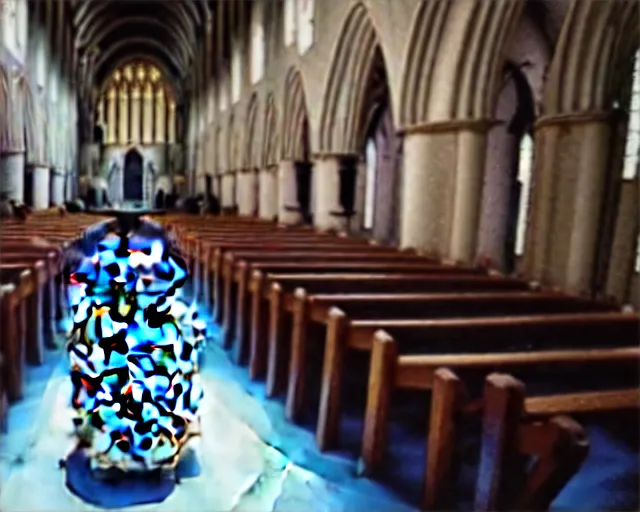 Prompt: A photo of Star Wars R2D2. Getting baptised, in a large cathedral, in front of family and friends. Wide-Angle Lens. Maximum detail.