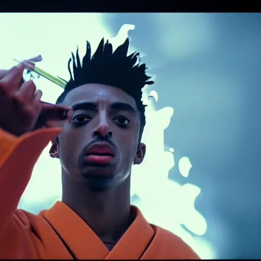 Image similar to cinematic film still of Playboi Carti starring as a Japanese Sensei with fire, Japanese CGI, VFX, 2003, 40mm lens, shallow depth of field, film photography