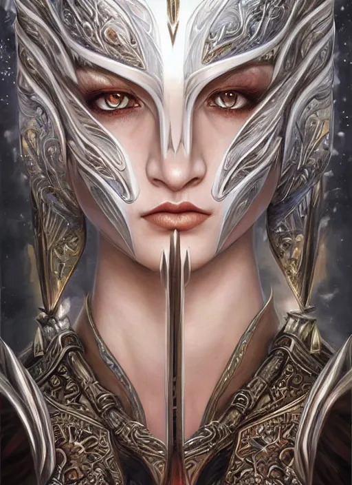 Image similar to a highly detailed symmetrical painting of a female model fantasy warrior with piercing beautiful eyes, trending art by artgerm and karol bak and mark brooks