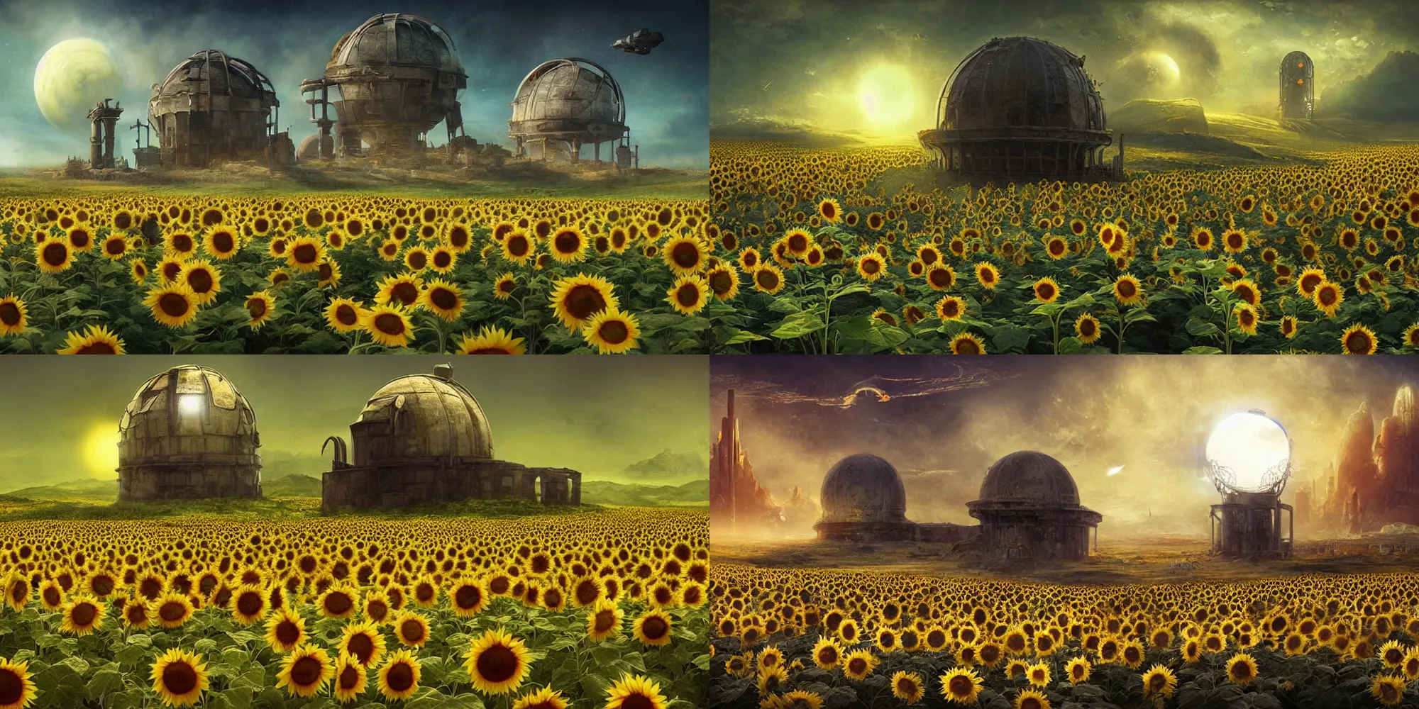 Prompt: ruined observatory on planet surface on sunflower field, sci-fi, cover, matte painting by repin