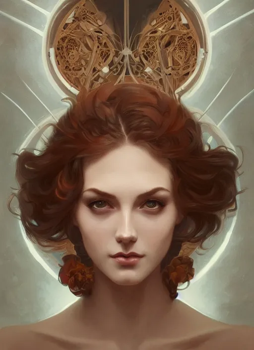 Image similar to symmetry!! pinup, machine parts embedded into face, intricate, elegant, highly detailed, digital painting, artstation, concept art, smooth, sharp focus, illustration, art by artgerm and greg rutkowski and alphonse mucha, 8 k