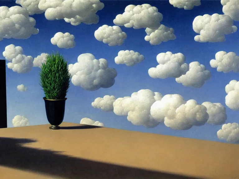 Image similar to room with clouds wallpapers on the walls, painting by rene magritte, centered, high detail, high resolution