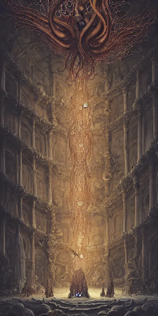 Image similar to group of people species mages with octopus heads and a lot of small translucent jellyfishes floating around inside an ancient mage castle hall colossal scale, gothic and baroque, brutalist architecture, ultradetailed, Intricate by Ellen Jewett and Josan Gonzalez and Giuseppe Arcimboldo