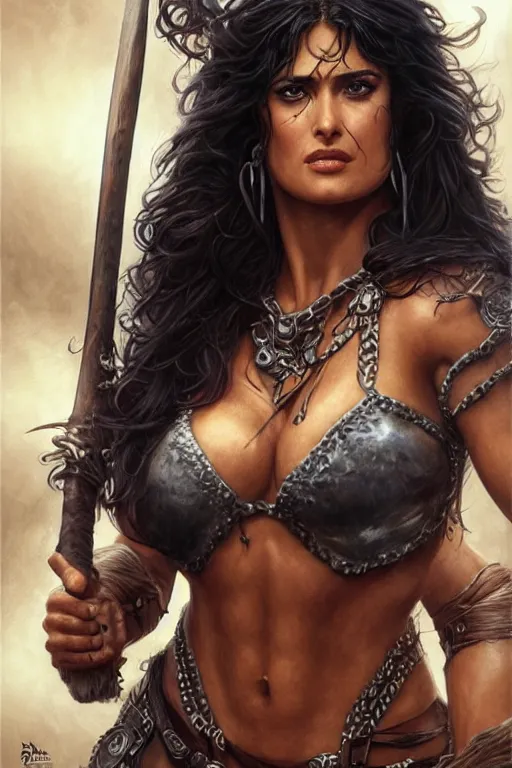 Image similar to muscled Salma Hayek as a ruggedly beautiful barbarian heroine, intricate, elegant, highly detailed, centered, digital painting, artstation, concept art, smooth, sharp focus, illustration, art by artgerm and donato giancola and Joseph Christian Leyendecker, Ross Tran, WLOP