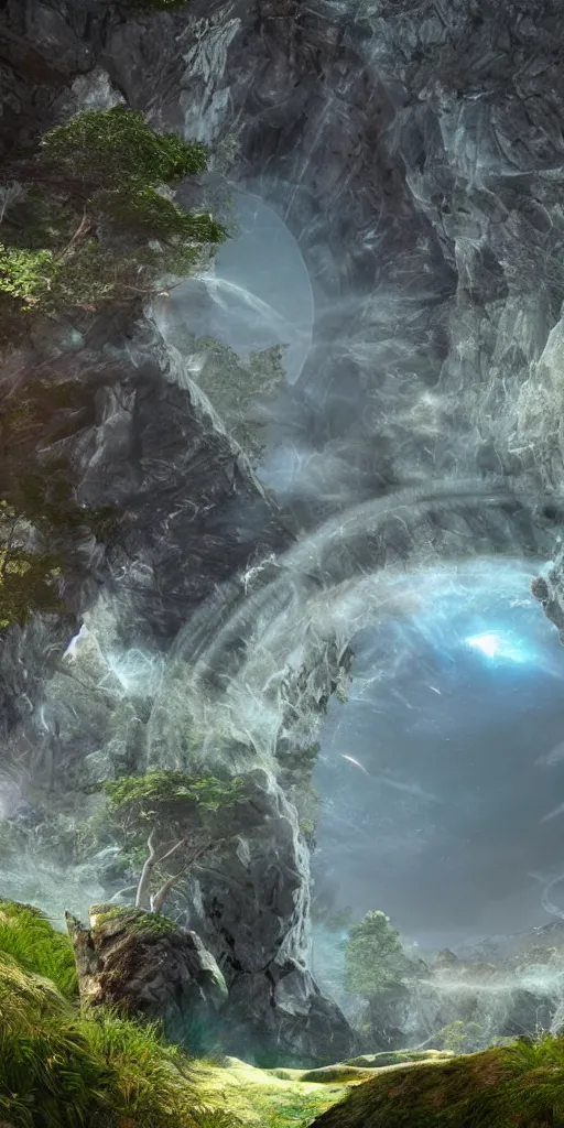 Image similar to a celestial portal in the middle of the mountains to another world, foliage, realistic, unreal engine,