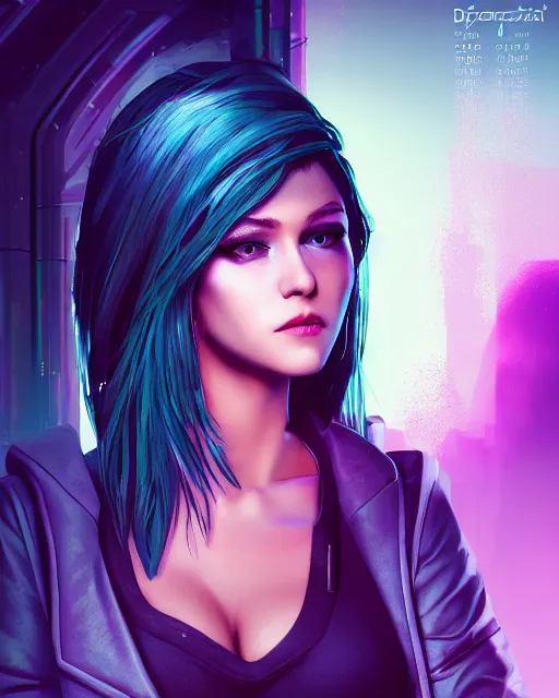 Prompt: portrait of a woman by CD Projekt Red and Prywinko and gantzu, cyberpunk, vaporwave, Halter-top, face, cute, purple eyes, shaded lighting, beautiful, realistic, perfect, extremely detailed, deviantart, artstation, 4k, 8k, Cyberpunk 2077, Blade Runner