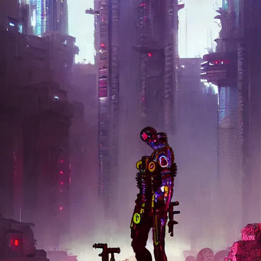 Image similar to a zulu cyberpunk warrior in a synthwave village by greg rutkowski and android jones, oil on canvas