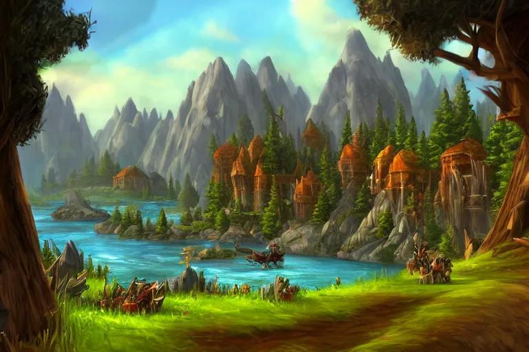 Image similar to world of warcraft environment with trees, rocky mountains and a river, horses, wooden chariots, beautiful, concept