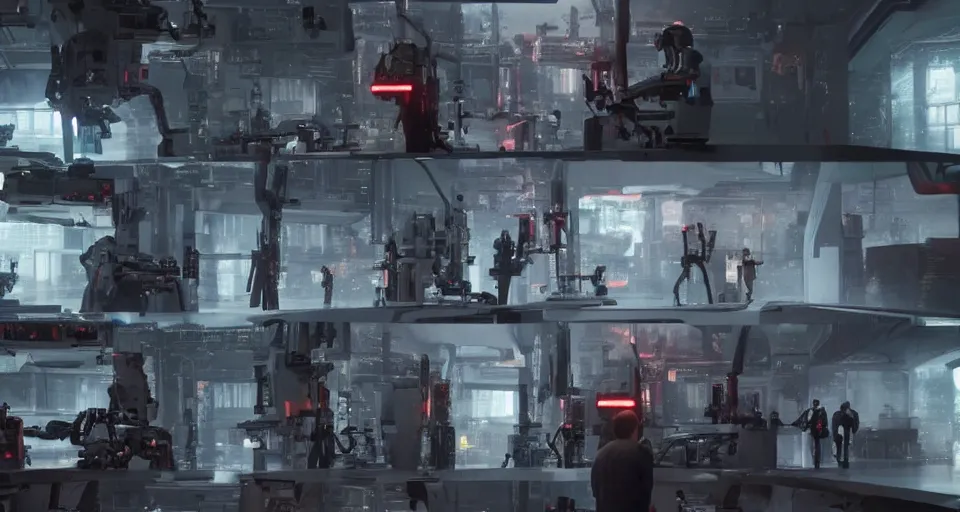 Image similar to inside the museum of cyberpunk robots, cinematography by roger deakins, cinematography by Emmanuel Lubezki, cinematography by Bruno Delbonnel, cinematography by Janusz Kamiński, cinematic