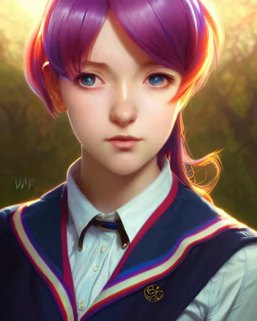 Prompt: side portrait of an innocent lost college girl, magic school uniform, multi - colored hair, short hair style, fantasy building, intricate, sharp focus, lens flare, bloom, rim light, illustration, highly detailed, digital painting, concept art, matte, art by wlop and artgerm and greg rutkowski and alphonse mucha, masterpiece