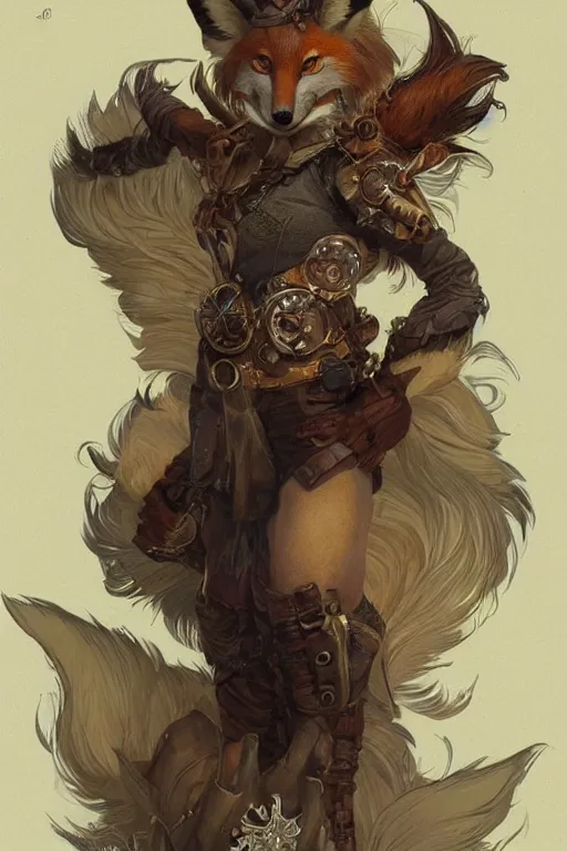 Image similar to heroic character design of anthropomorphic fox, whimsical fox with 6 tails, portrait, western, steampunk, duster, fantasy, intricate, elegant, highly detailed, digital painting, artstation, concept art, sharp focus, illustration, art by artgerm and greg rutkowski and alphonse mucha